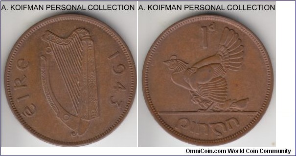 KM-11, 1943 Ireland penny; bronze, plain edge; about uncirculated, some mint luster remaining.