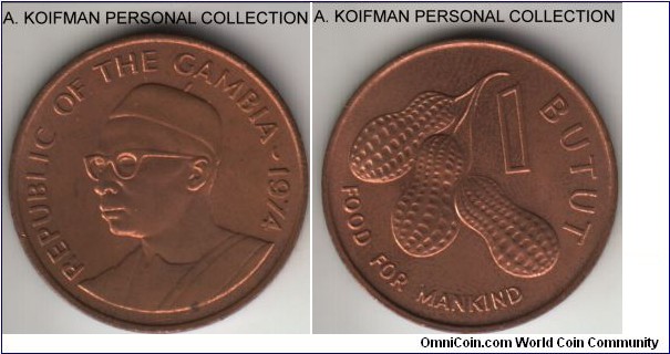 KM-14, 1974 Gambia butut; bronze, plain edge; red brown uncirculated.