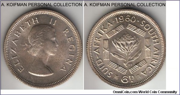 KM-48, 1960 South Africa (Dominion) 6 pence; silver, reeded edge; lightly toned, as minted, common but nice coin.