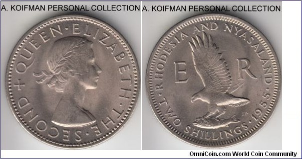 KM-6, 1955 Rhodesia & Nyasaland 2 shilling; copper-nickel, reeded edge; lustrous uncirculated, but some scattered bag marks on obverse on Queen's portrait.