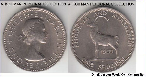 KM-5, 1955 Rhodesia & Nyasaland shilling; copper-nickel, reeded edge; extra fine, obverse seems to have been cleaned.