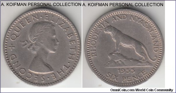 KM-4, 1955 Rhodesia & Nyasaland 6 pence; copper-nickel, reeded edge; very fine or so.