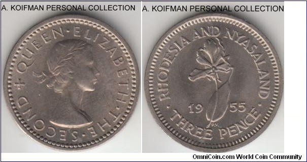 KM-3, 1955 Rhodesia & Nyasaland 3 pence; copper-nickel, plain edge; uncirculated, reverse is really nice, obverse has some contact marks.