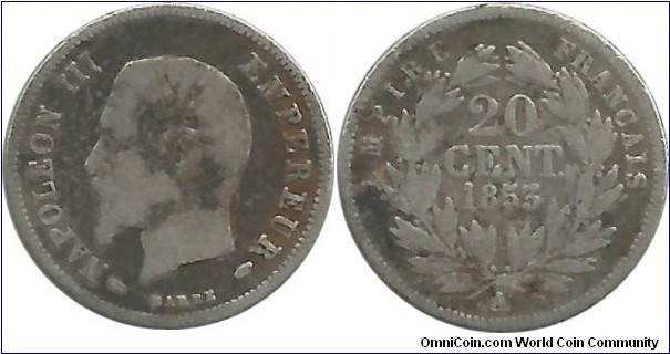France 20 Centimes 1853A - (1852-1870) Emperor Napoleon III (1.00 g / .900 Ag)