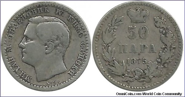 Serbia-Principality 50 Para 1875 - Prince Milan Obrenović IV (1868–1882) (2.50 g / .835 Ag)