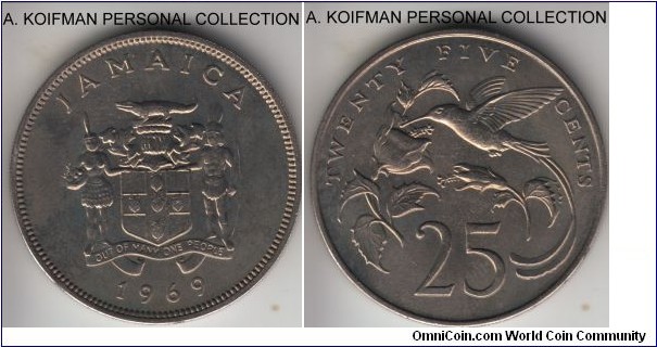 KM-49, 1969 Jamaica 25 cents; copper-nickel, reeded edge; toned uncirculated.