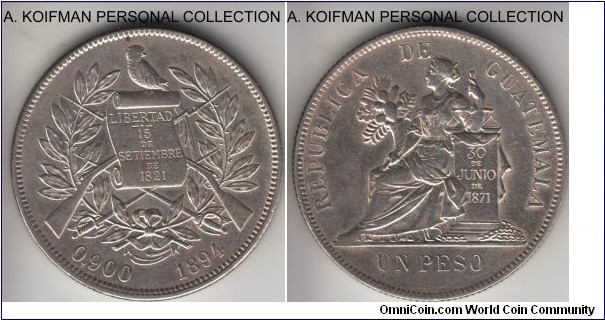 KM-210, 1894 Guatemala peso; silver, reeded edge; good extra fine to about uncirculated, likely cleaned in the past, decent shape.