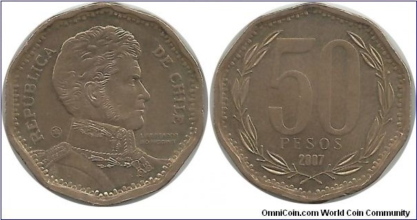 Chile 50 Pesos 2007(RCM) mintmark RCM = Royal Canadian Mint