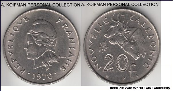 KM-6, 1970 New Caledonia 20 francs, Paris mint; nickel, reeeded edge; about uncirculated to uncirculated.