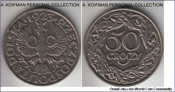 Y#13, 1923 Poland 50 groszy, Warsaw mint (WJ mint mark); nickel, plain edge; one year type, a bit dirty but definitely extra fine.