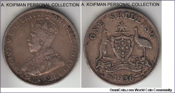 KM-26, 1936 Australia shilling, Royal Mint (London, no mint mark); silver, reeded edge; about very fine.