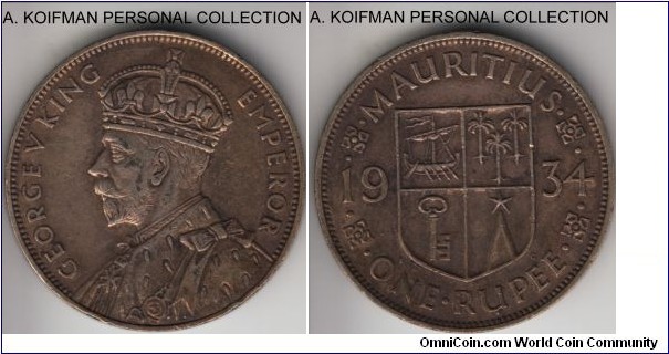 KM-17, 1934 Mauritius rupee; silver, reeded edge with security; toned good very fine to extra fine, one year type, not rare but interesting.