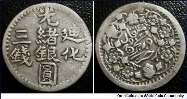 China Xinjiang Urumuchi 1903 - 1905 3 miscals. AH1322 / 1904? Nice coin. Weight: 10.10g