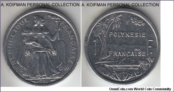 KM-11, 1994 French Polynesia franc; aliminum, plain edge; bright white about uncirculated.