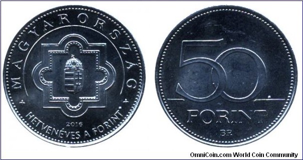 Hungary, 50 forint, 2016, Cu-Ni, 27.4mm, 7.7g, MM: BP. (Budapest), 70th Anniversary of the forint.
