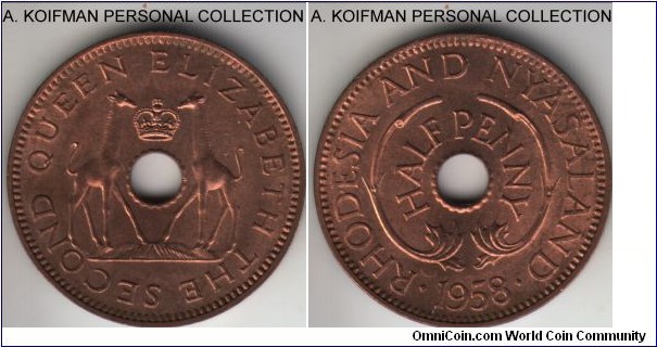 KM-1, 1958 Rhodesia & Nyasaland half penny; bronze, plain edge; mostly bright red uncirculated.