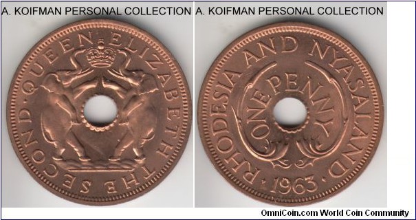 KM-2, 1963 Rhodesia & Nyasaland penny; bronze, plain edge; red uncirculated, great looking coin.