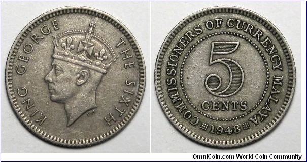 Malaya, 1948 5 Cents, KM#7.