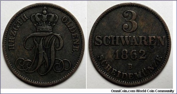 German States-Oldenburg, 1862-B 3 Schwaren, KM#191, 12,000 Minted.