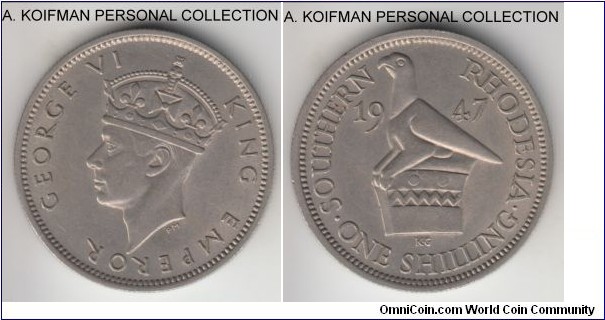 KM-18a, 1947 Southern Rhodesia shilling; copper-nickel, reeded edge; one year type, dull average uncirculated or almost.