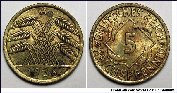 Germany, 1936-A 5 Reichspfennig, KM#39.
