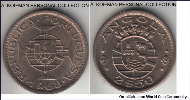 KM-77, 1968 Portuguese Angola 2 1/2 escudos; copper-nickel, reeded edge; common issue and year, but nice bright uncirculated.