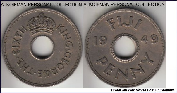 KM-17, 1949 Fiji penny; copper-nickel, plain edge; good very fine.