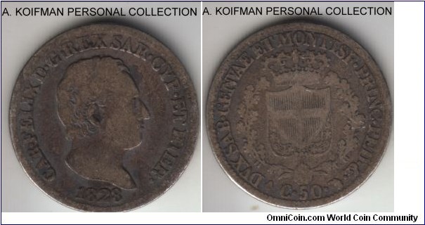 KM-124.1, 1828 Italian State Sardinia lira, Turin (Turino) mint (Eagle head); silver, plain edge; toned fine to good fine, scarce type.