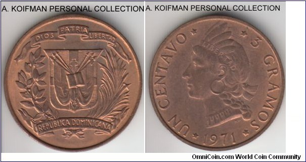 KM-31, 1971 Dominican Republic centavo; bronze, plain edge; red brown uncirculated.