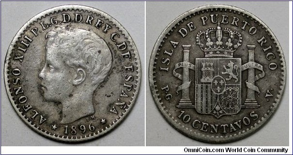 Puerto Rico, 1896 10 Centavos, uneven coloration on obverse,  KM#21.