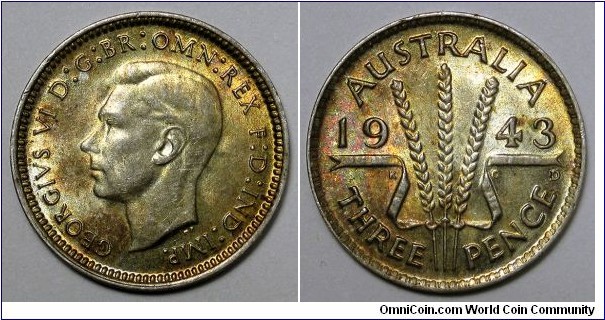 Australia, 1943-D 3 Pence, Gold and red toning, KM#37.