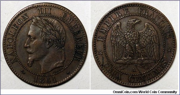 France, 1861-A 2 Centimes, 2 Reverse scratches. KM#796.