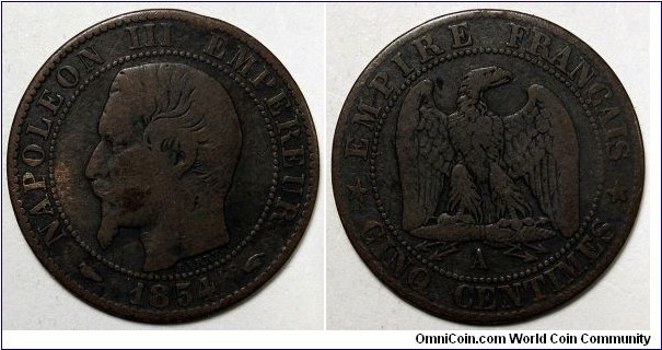 France, 1854-A 5 Centimes, KM#777.1.