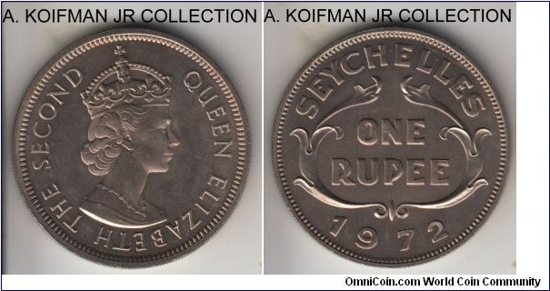 KM-13, 1972 Seychelles rupee; copper-nickel, plain edge; ELizabeth II coinage, nice well struck uncirculated, just a few bag marks.