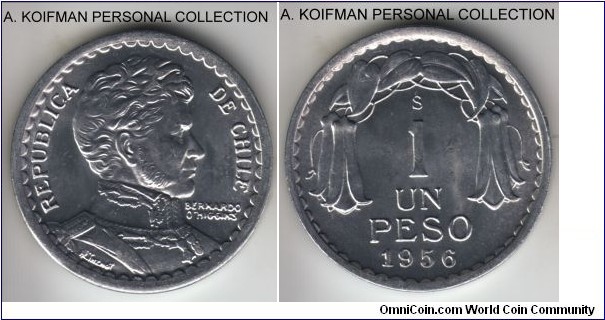 KM-179a, 1956 Chile peso, Santiago mint; aluminum, plain edge; common but bright brilliant uncirculated. 