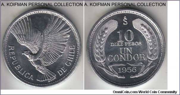 KM-181, 1956 Chile 10 peso, Santiago mint; aluminum, plain edge; exceptionally nice bright brilliant uncirculated coin.