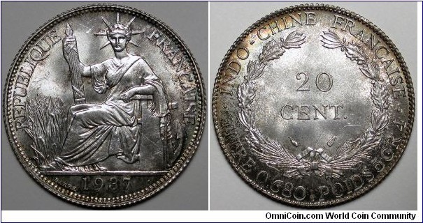 French Indo-China, 1937 20 Centimes, Toning near rim, KM#17.1.