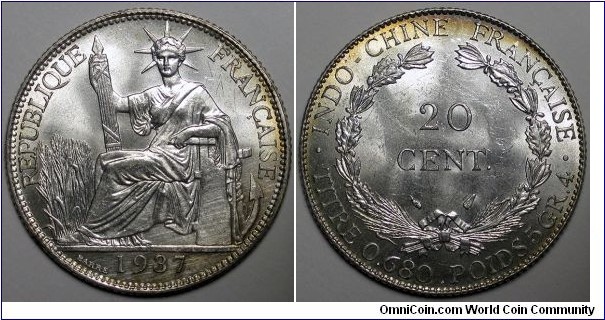 French Indo-China, 1937 20 Centimes, toning around rim, KM#17.1.