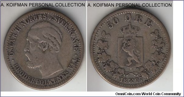 KM-356, 1877 Norway 50 ore; silver, first year of the type, reeded edge; fine or about.
