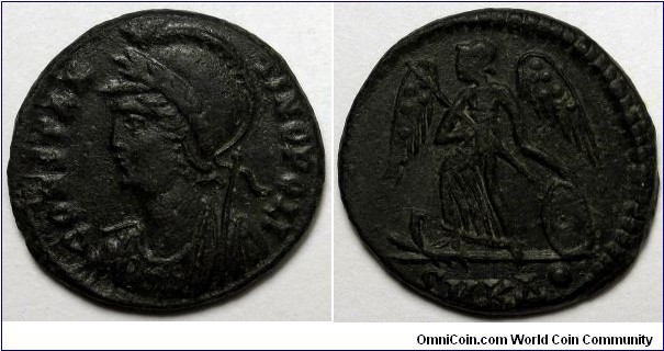 Constantinopolis Commemorative AE follis. 330, 334 AD. CONSTANTINOPOLIS, laureate, helmeted and mantled bust left holding sceptre / No legend, Victory standing front, looking left, foot on prow, holding sceptre and resting left hand shield. Mintmark SMKΔ dot.