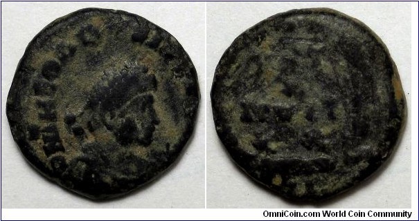 Theodosivs I, AE4 of Cyzicus, 14mm. DN THEODOSIVS PF AVG, pearl diademed, draped, cuirassed bust right / VOT X MVLT XX in four lines within wreath. Mintmark SMKΓ.