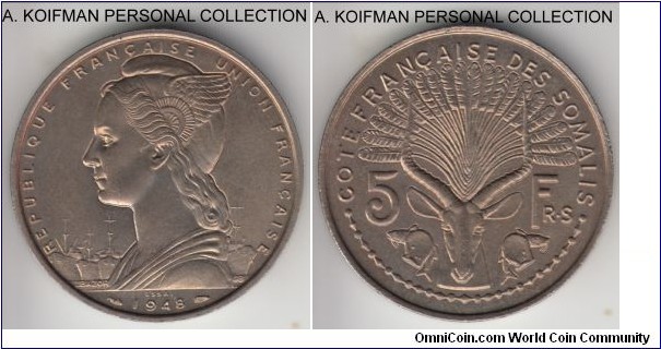 KM-E3, 1948 French Somaliland 5 francs; essai, copper-nickel, reeded edge; pleasant nice high grade specimen, mintage 2,000.