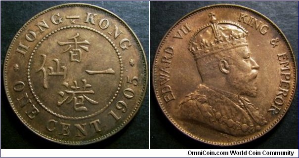 Hong Kong 1905 1 cent. Nice condition however cleaned. Weight: 7.4g
