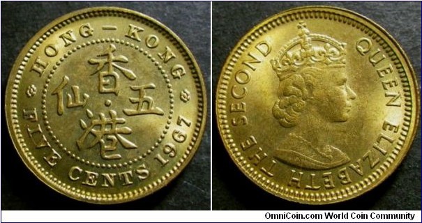 Hong Kong 1967 5 cents. Nice condition! Weight: 2.60g