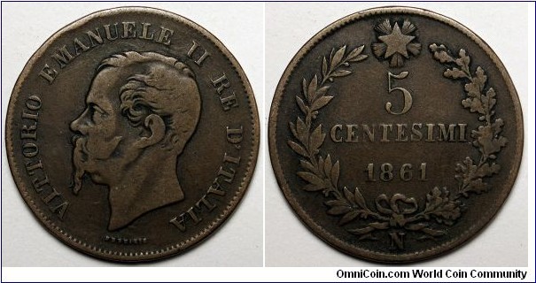 Italy, 1861-N 5 Centesimi, KM#3.