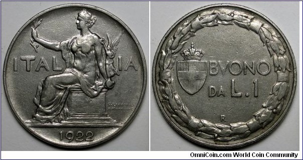 Italy, 1922-R 1 Lira, KM#62.