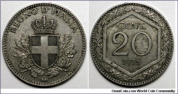 Italy, 1918-R 20 Centesimi, Overstruck on KM#28, KM#58.