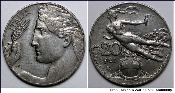 Italy, 1921-R 20 Centesimi, KM#44.