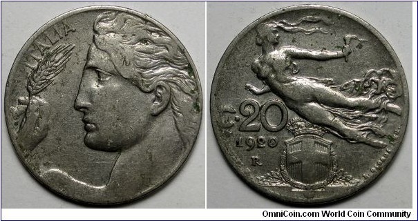 Italy, 1920-R 20 Centesimi, KM#44.