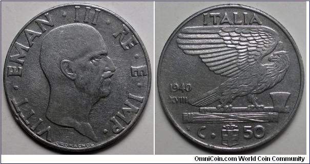 Italy, 1940-R 50 Centesimi, magnetic, KM#76b.